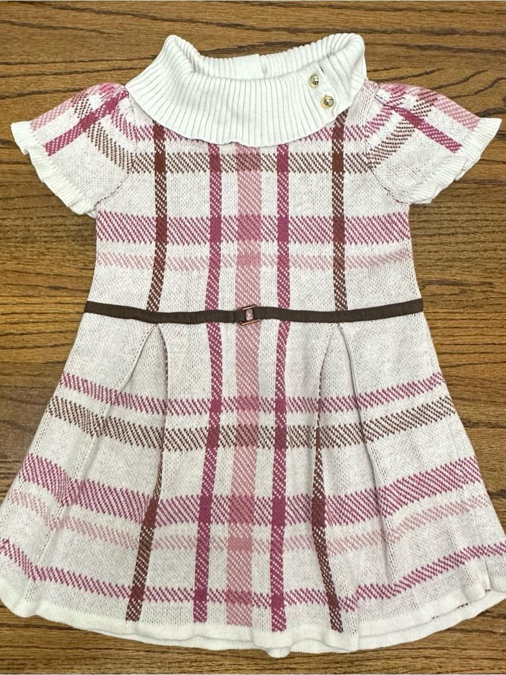 Janie and Jack Pink and Brown Plaid Knit Dress with Ribbed Collar